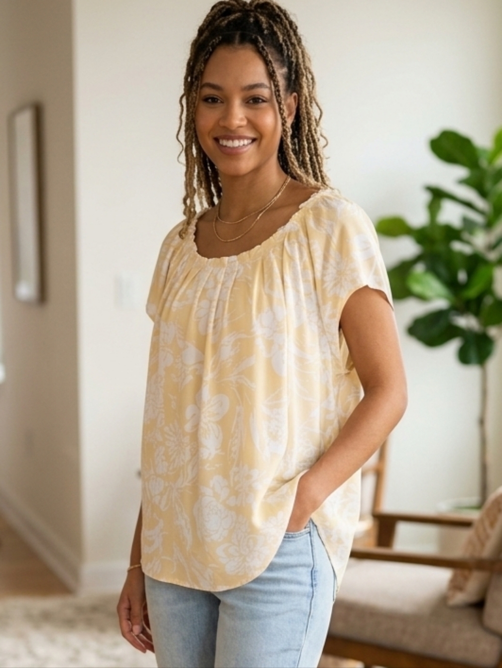 LC Lauren Conrad Yellow & White Floral Short-Sleeve Peasant Top